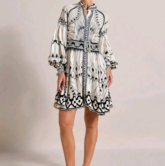 Spring Floral Print Lantern Sleeve Elegant Dress - Picture 3 of 3